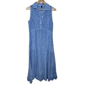 Inizio Italy Dress Blue Linen Cotton Large Pockets Midi Lagenlook Coast Lagom